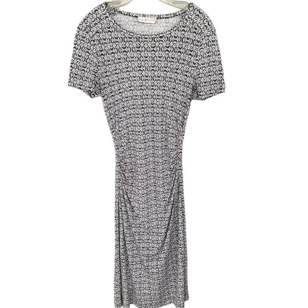 Tory Burch Silk Myrtle Ruched Sheath Dress Black Purple Beige Print Size‎ Small